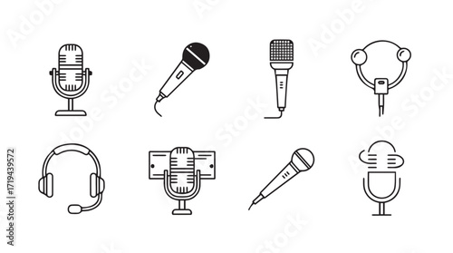 Collection of eight hand drawn microphone and headphone icons for audio recording and podcasting silhouette