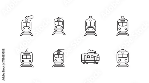 Collection of stylized electric train and tram front view line art icons for transportation themes silhouette