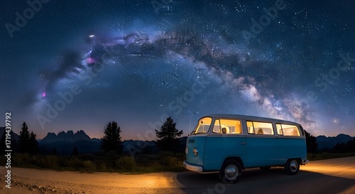 A vintage blue Volkswagen van parked on a dirt road at night, illuminated under the spectacular arch of the Milky Way galaxy.