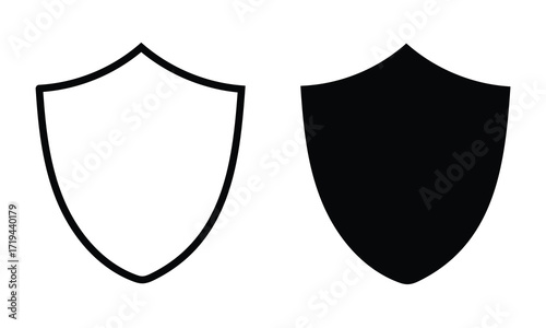 Protection Icon Pair: A striking pair of shield icons - one a minimalist outline, the other a solid fill - embodies resilience and safeguarding. Evoking a sense of security.
