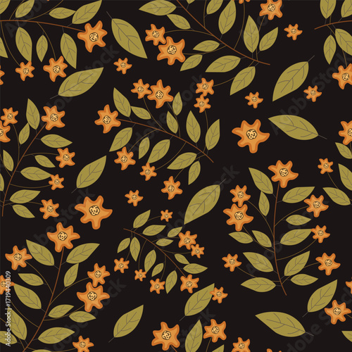 Print autumn_floral_pattern_stylized_leaves_fall_seasonal_themed_black_background