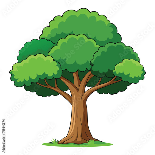 detailed high-quality digital illustration of a large green leafy tree, detailed bark textures, dense foliage, volumetric shading, digital painting, cinematic lighting, highly detailed, vibrant colors