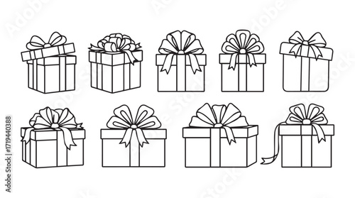 Collection of hand-drawn gift boxes with ribbons festive presents for celebrations holidays and special occasions silhouette