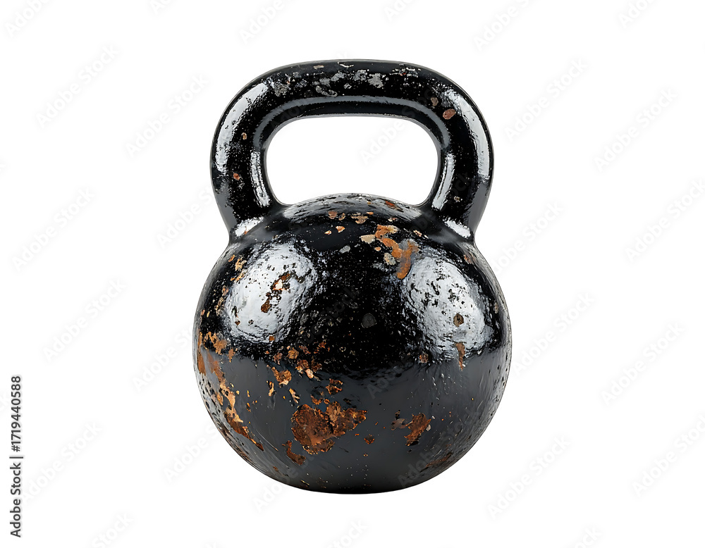 Fototapeta premium Weathered black kettlebell with a worn, speckled surface and a smooth, arched handle