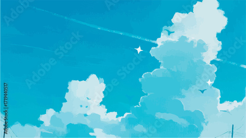 A simple, minimalist illustration of a Scandinavian-style blue sky. Summer vacation. Clear skies. Beautiful weather.