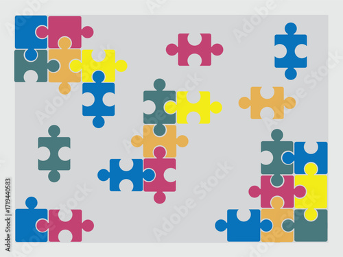 Colorful jigsaw puzzle pieces scattered and partially connected on a gray background, some pieces are isolated.