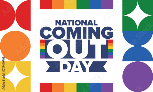 National Coming Out Day. Happy holiday. Pride month. LGBT rainbow flag. Diversity and equality. Gay and lesbian. Free love, heart shape. Illustration. Vector poster