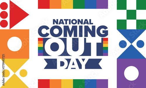 National Coming Out Day. Happy holiday. Pride month. LGBT rainbow flag. Diversity and equality. Gay and lesbian. Free love, heart shape. Illustration. Vector poster