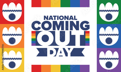 National Coming Out Day. Happy holiday. Pride month. LGBT rainbow flag. Diversity and equality. Gay and lesbian. Free love, heart shape. Illustration. Vector poster