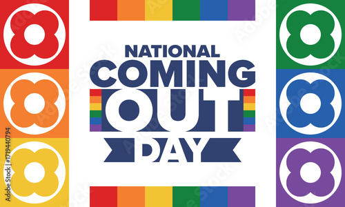National Coming Out Day. Happy holiday. Pride month. LGBT rainbow flag. Diversity and equality. Gay and lesbian. Free love, heart shape. Illustration. Vector poster