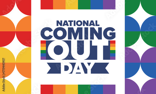 National Coming Out Day. Happy holiday. Pride month. LGBT rainbow flag. Diversity and equality. Gay and lesbian. Free love, heart shape. Illustration. Vector poster