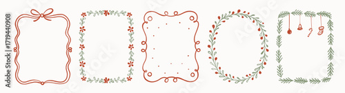 Hand drawn Christmas frames and borders collection. Festive doodle style with bow, holly, berries, pine branches, floral wreath and hanging ornaments. Decorative Xmas design for cards, posters