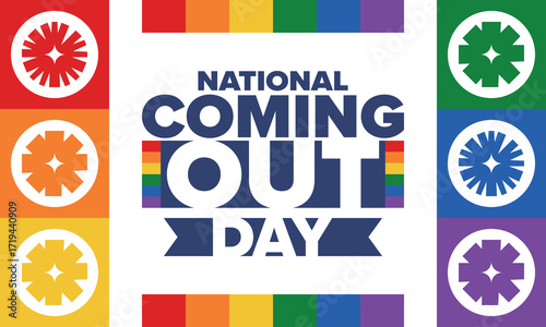 National Coming Out Day. Happy holiday. Pride month. LGBT rainbow flag. Diversity and equality. Gay and lesbian. Free love, heart shape. Illustration. Vector poster