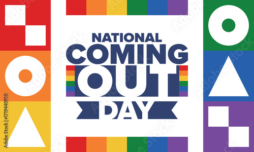 National Coming Out Day. Happy holiday. Pride month. LGBT rainbow flag. Diversity and equality. Gay and lesbian. Free love, heart shape. Illustration. Vector poster