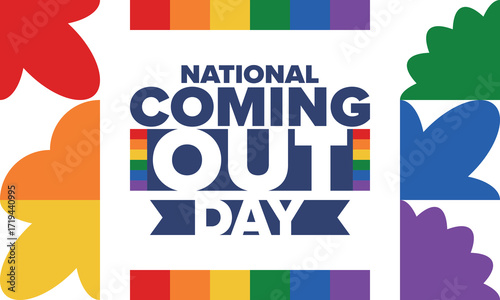 National Coming Out Day. Happy holiday. Pride month. LGBT rainbow flag. Diversity and equality. Gay and lesbian. Free love, heart shape. Illustration. Vector poster