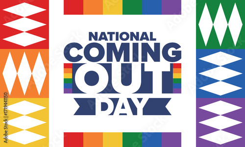 National Coming Out Day. Happy holiday. Pride month. LGBT rainbow flag. Diversity and equality. Gay and lesbian. Free love, heart shape. Illustration. Vector poster