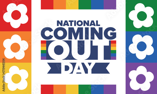 National Coming Out Day. Happy holiday. Pride month. LGBT rainbow flag. Diversity and equality. Gay and lesbian. Free love, heart shape. Illustration. Vector poster
