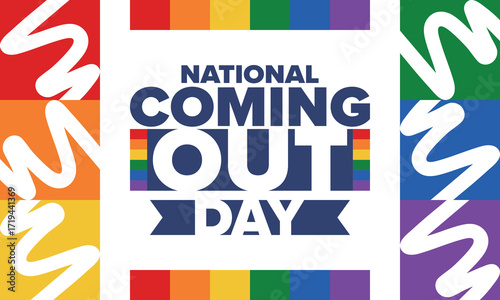 National Coming Out Day. Happy holiday. Pride month. LGBT rainbow flag. Diversity and equality. Gay and lesbian. Free love, heart shape. Illustration. Vector poster