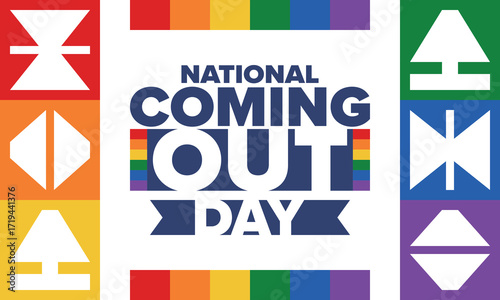 National Coming Out Day. Happy holiday. Pride month. LGBT rainbow flag. Diversity and equality. Gay and lesbian. Free love, heart shape. Illustration. Vector poster