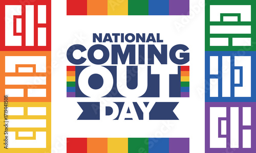 National Coming Out Day. Happy holiday. Pride month. LGBT rainbow flag. Diversity and equality. Gay and lesbian. Free love, heart shape. Illustration. Vector poster