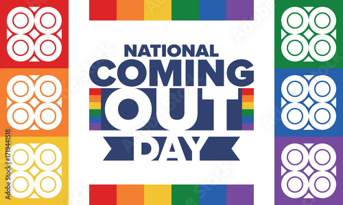 National Coming Out Day. Happy holiday. Pride month. LGBT rainbow flag. Diversity and equality. Gay and lesbian. Free love, heart shape. Illustration. Vector poster