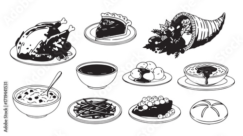 Traditional thanksgiving feast icons featuring roasted turkey gravy cranberry sauce and sides silhouette
