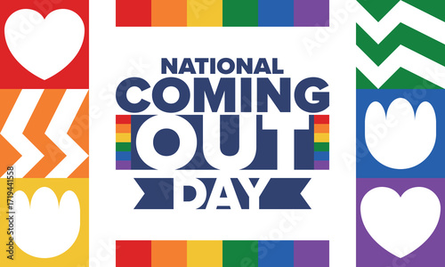 National Coming Out Day. Happy holiday. Pride month. LGBT rainbow flag. Diversity and equality. Gay and lesbian. Free love, heart shape. Illustration. Vector poster