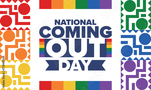 National Coming Out Day. Happy holiday. Pride month. LGBT rainbow flag. Diversity and equality. Gay and lesbian. Free love, heart shape. Illustration. Vector poster