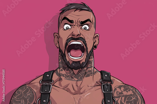 Powerful muscular man with tattoos expressing intense rage against a vibrant pink backdrop during a dynamic artistic event