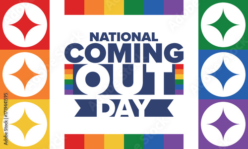 National Coming Out Day. Happy holiday. Pride month. LGBT rainbow flag. Diversity and equality. Gay and lesbian. Free love, heart shape. Illustration. Vector poster