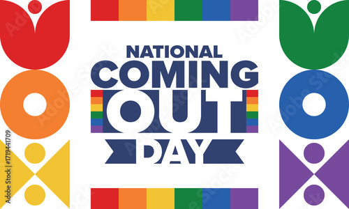 National Coming Out Day. Happy holiday. Pride month. LGBT rainbow flag. Diversity and equality. Gay and lesbian. Free love, heart shape. Illustration. Vector poster