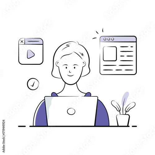 A woman creating web content modern hand drawn illustration