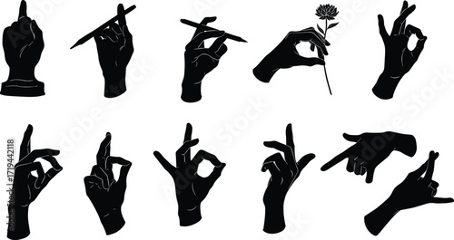 Vector silhouette illustration of various human hand gestures showing pointing, holding, writing, and symbolic signs for creative design concepts.