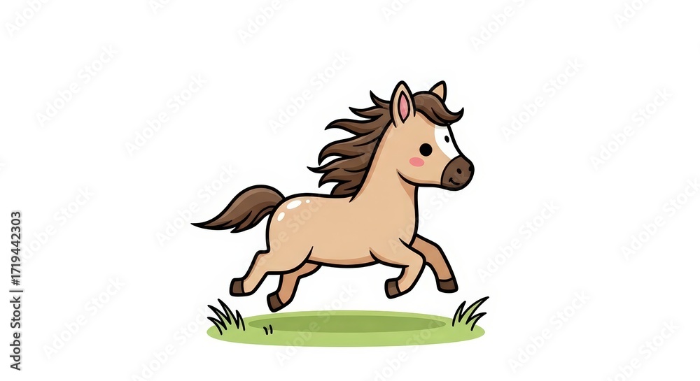 Fototapeta premium A cute cartoon illustration of a light brown horse with a dark brown mane and tail running through green grass.