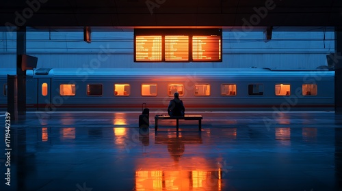Isolated Passenger Waiting for Train on Bench at Gloomy Station with Orange Glow
