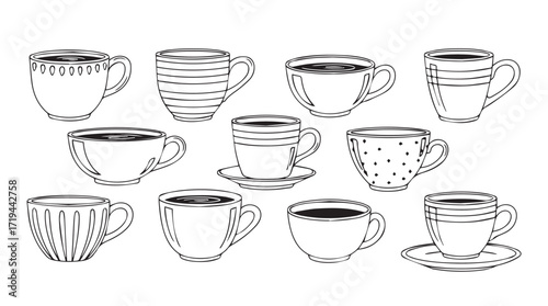Collection of hand drawn coffee cups and saucers sketch art drawing beverages silhouette