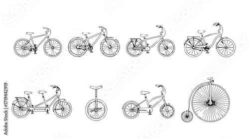 Collection of vintage and modern bicycle designs hand drawn sketches artistic representation silhouette