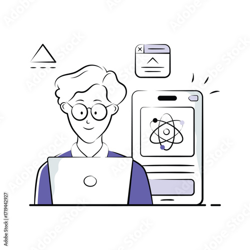 A stylized illustration of a programmer, working on a laptop and a mobile device.
