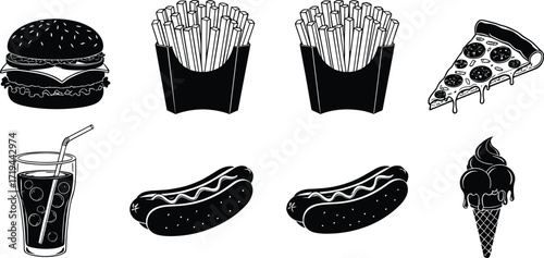 Vector silhouette set of popular fast food items including burger, fries, hot dogs, pizza slice, soda drink, and ice cream.