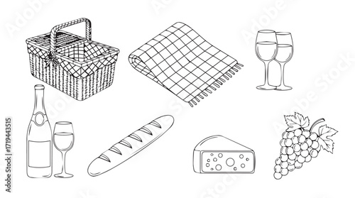Hand drawn picnic essentials basket bread wine glasses cheese grapes napkin isolated elements silhouette