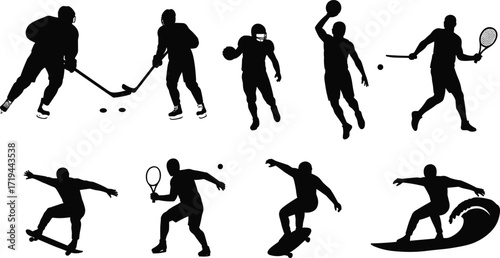 Vector silhouettes of athletes playing various sports including hockey, football, basketball, tennis, skateboarding, and surfing in action poses.