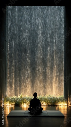 Silhouette of a person meditating in a tranquil zen garden in front of a calming waterfall