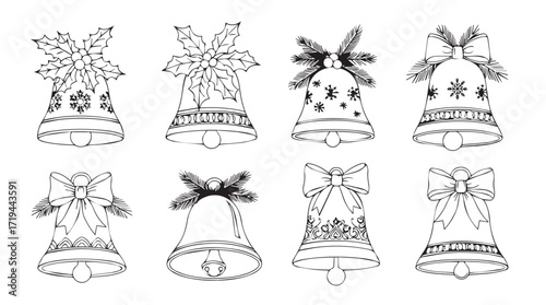 Festive christmas bells collection hand drawn line art collection for holiday decorations silhouette
