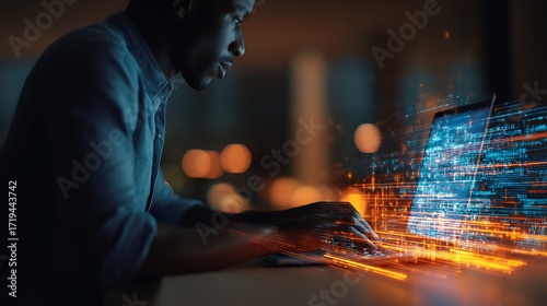 Focused programmer coding on a laptop with a futuristic data hologram