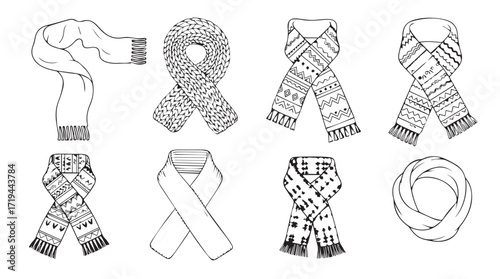 Collection of winter scarves showcase diverse knitted patterns and styles for fashionable warmth silhouette