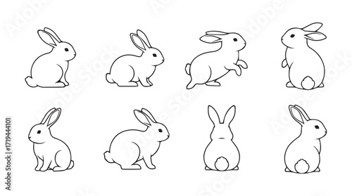 Hand drawn sketch style bunny rabbit illustrations set various poses and angles silhouette
