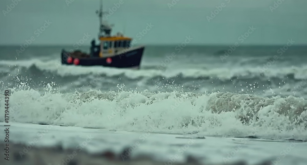 Naklejka premium Fishing Boat Battling Rough Seas.