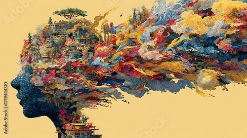 Abstract Human Mind Profile with Asian Cultural and Natural Elements in Flow