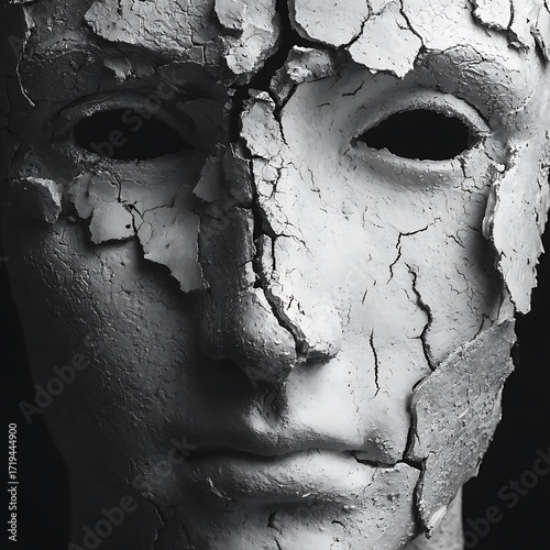 Close-up of a Cracked Plaster Face Mask with Hollow Eyes, Symbolizing Stress, Vulnerability, and Mental Fragility