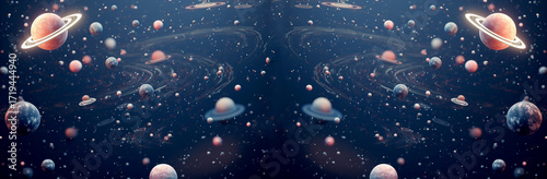 Stunning cosmic scene with vibrant planets and swirling galaxies, perfect for sci-fi projects, wallpapers, or space-themed designs. cosmic space planets galaxies banner